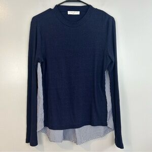 Sandro Blue Striped Knit Mixed Fabric Long Sleeve Top Size Large